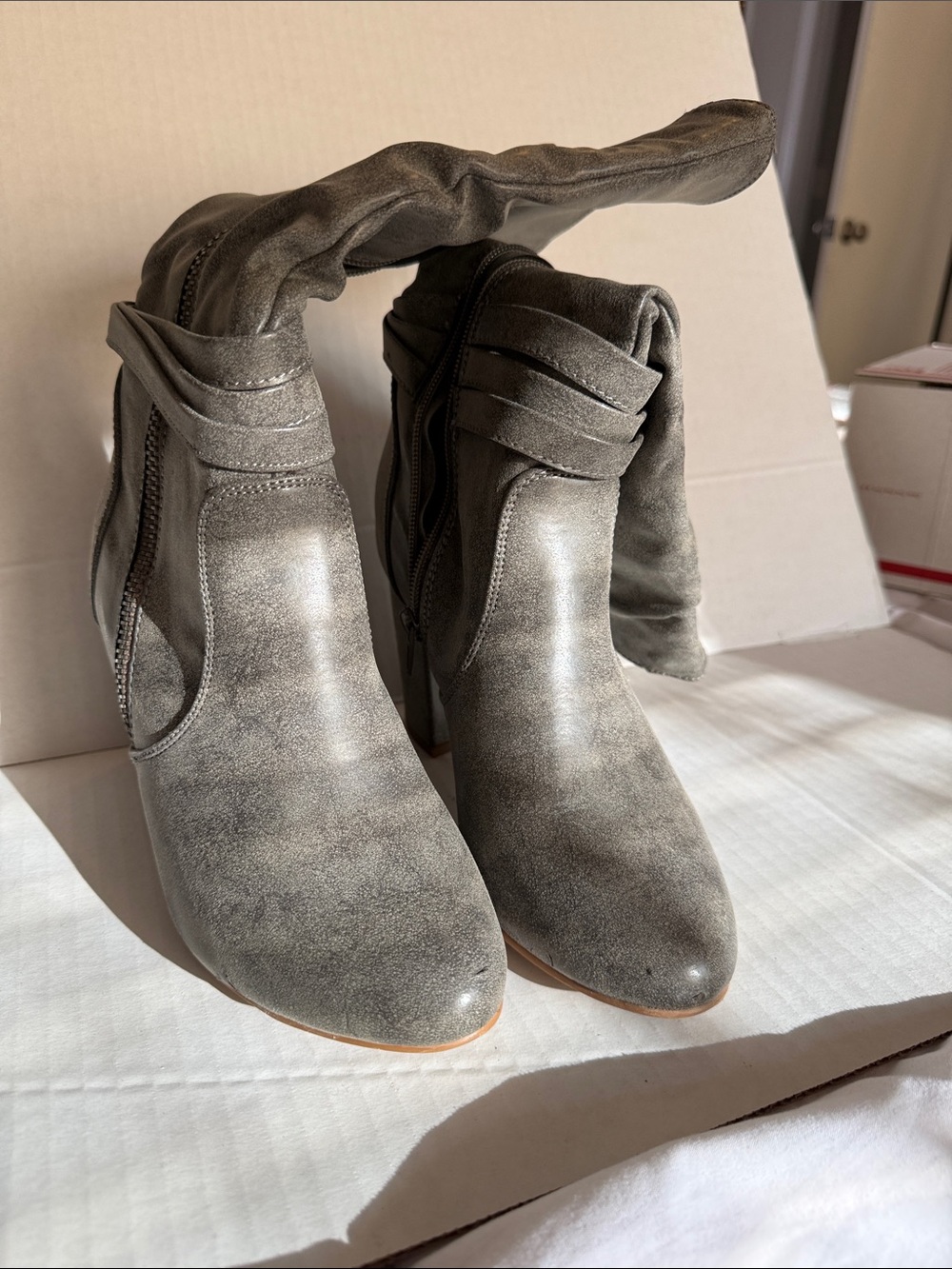 Buckle Gray Fold-Over Suede Ankle Booties